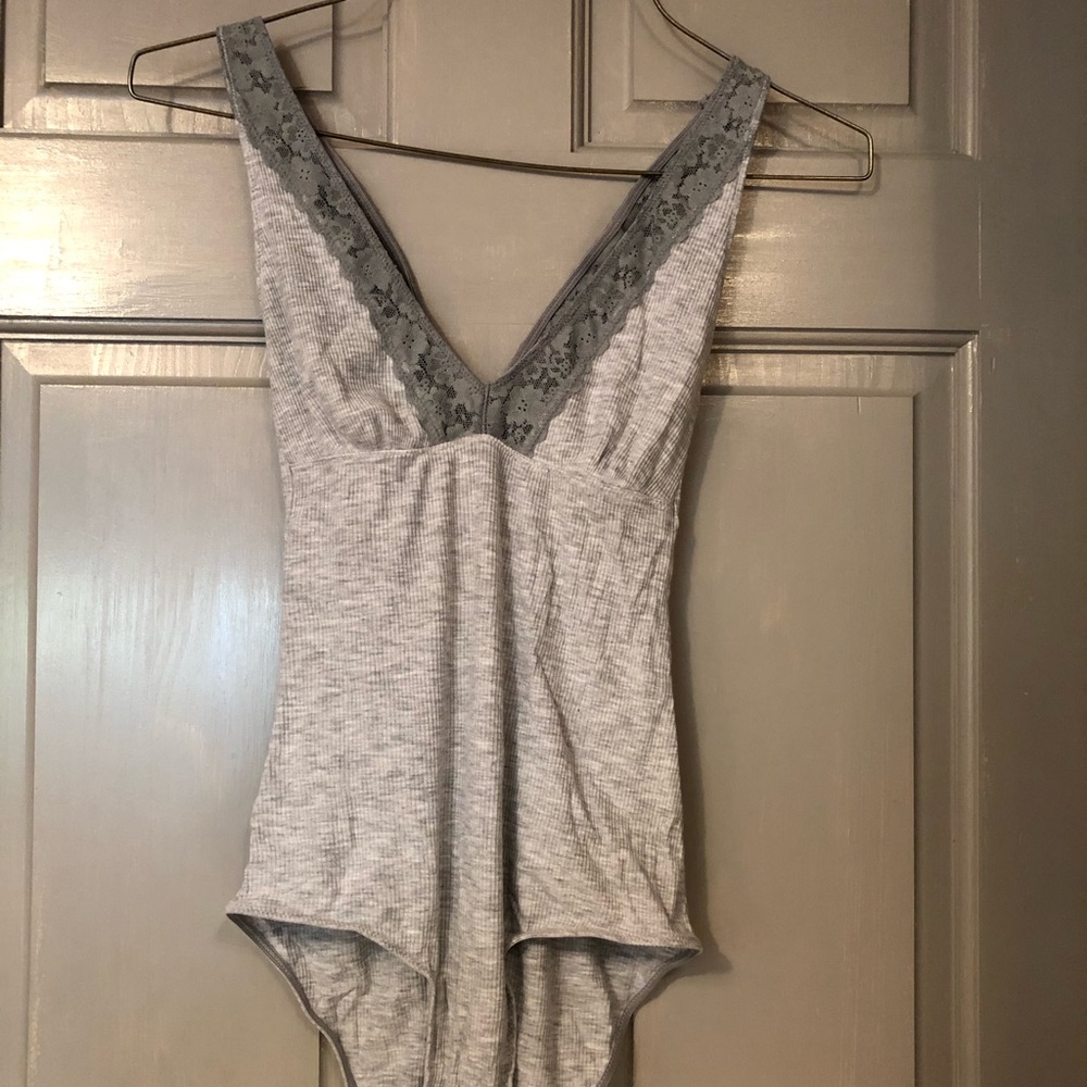 Aerie Grey Ribbed/Lace Bodysuit